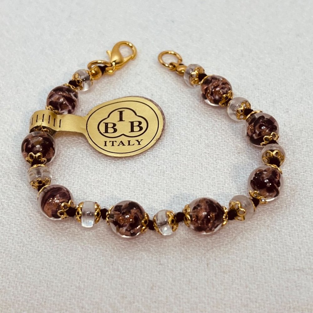 IBB Italy Gold Tone, Brown, Black And Clear Hand Made Venetian Glass Bracelet